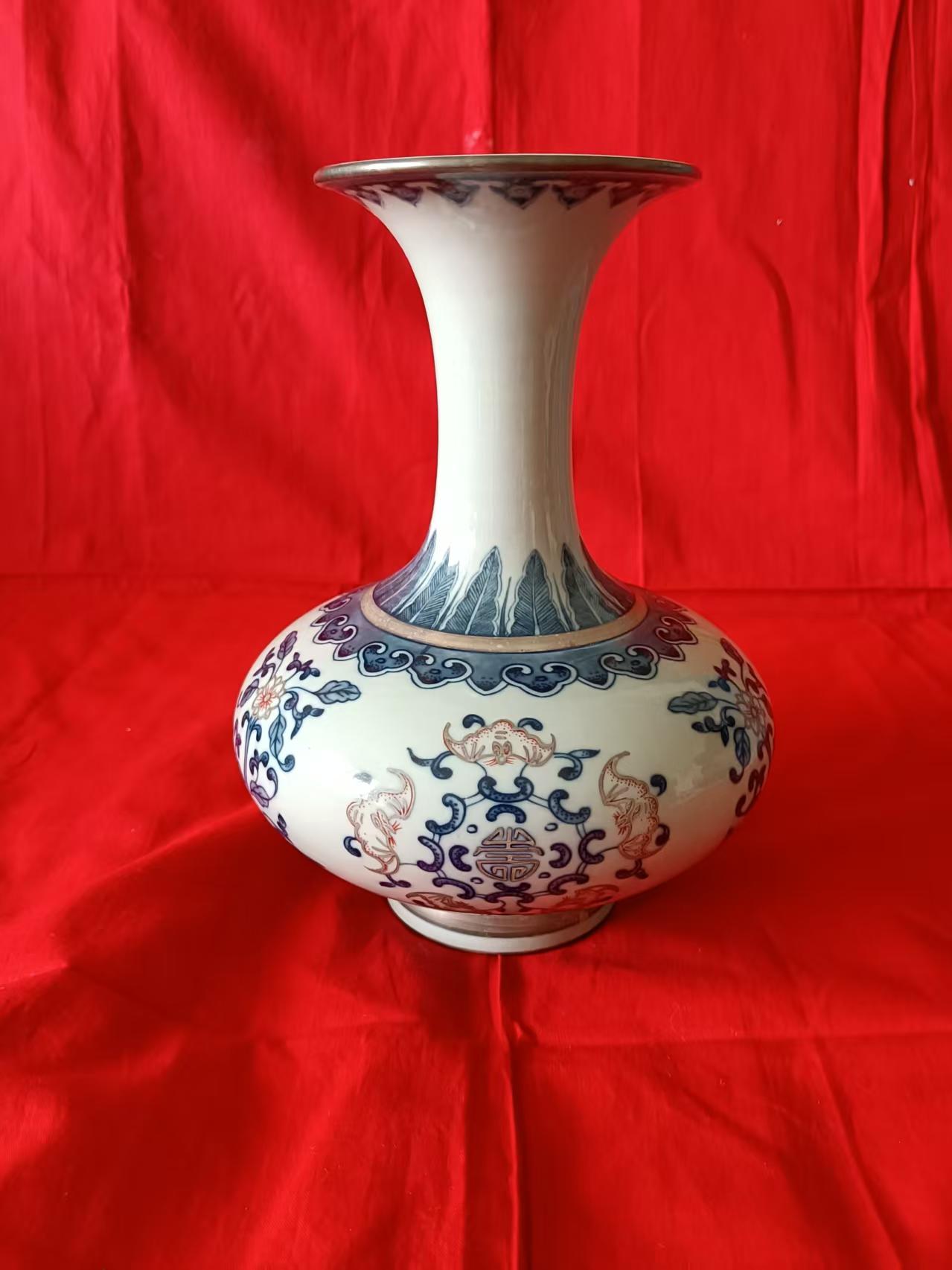 康熙年制《青花描金福寿纹撇口瓶》-嘉城艺术交易平台