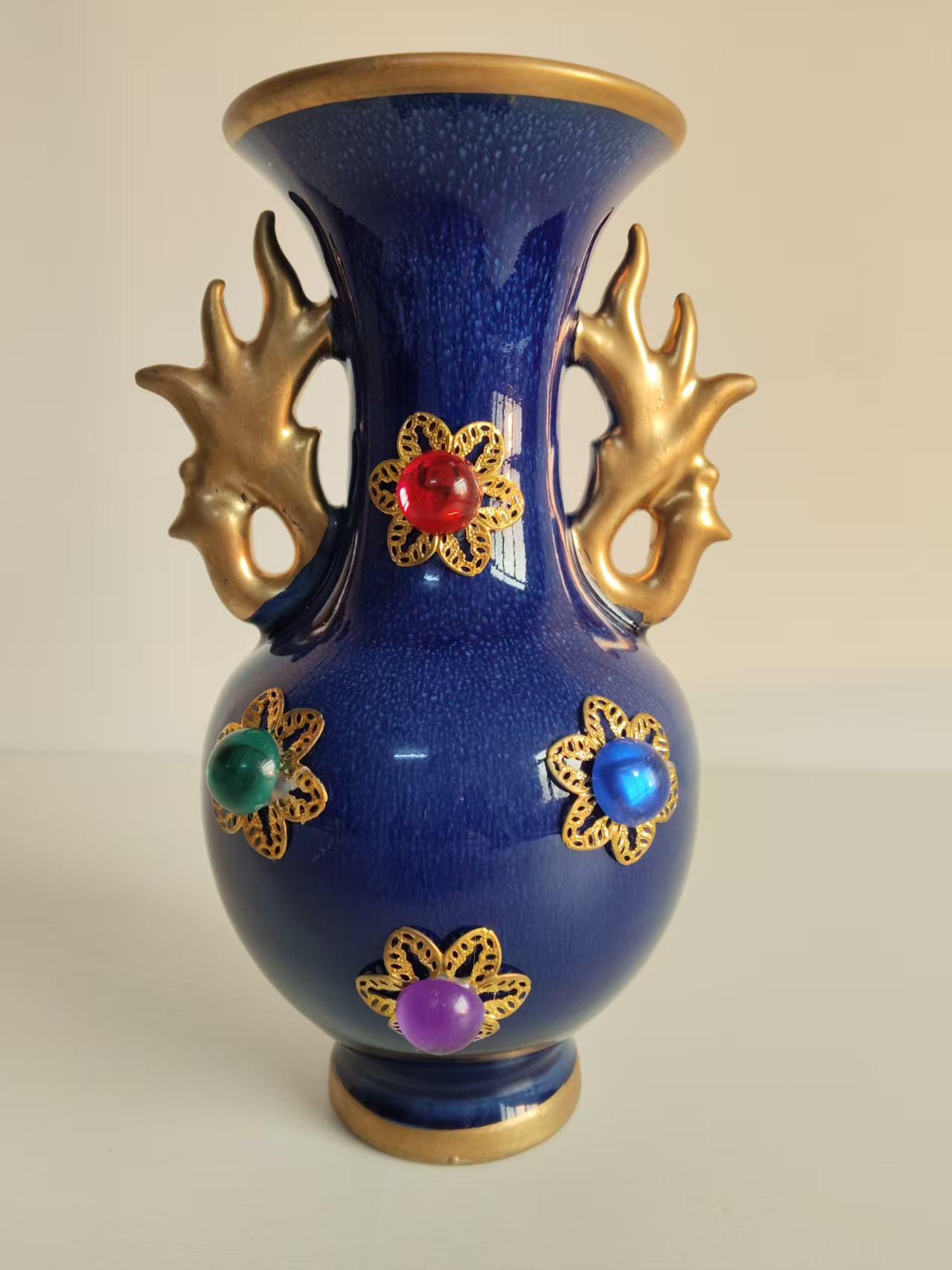 神瑞唐制《蓝釉嵌宝双耳赏瓶》-嘉城艺术交易平台