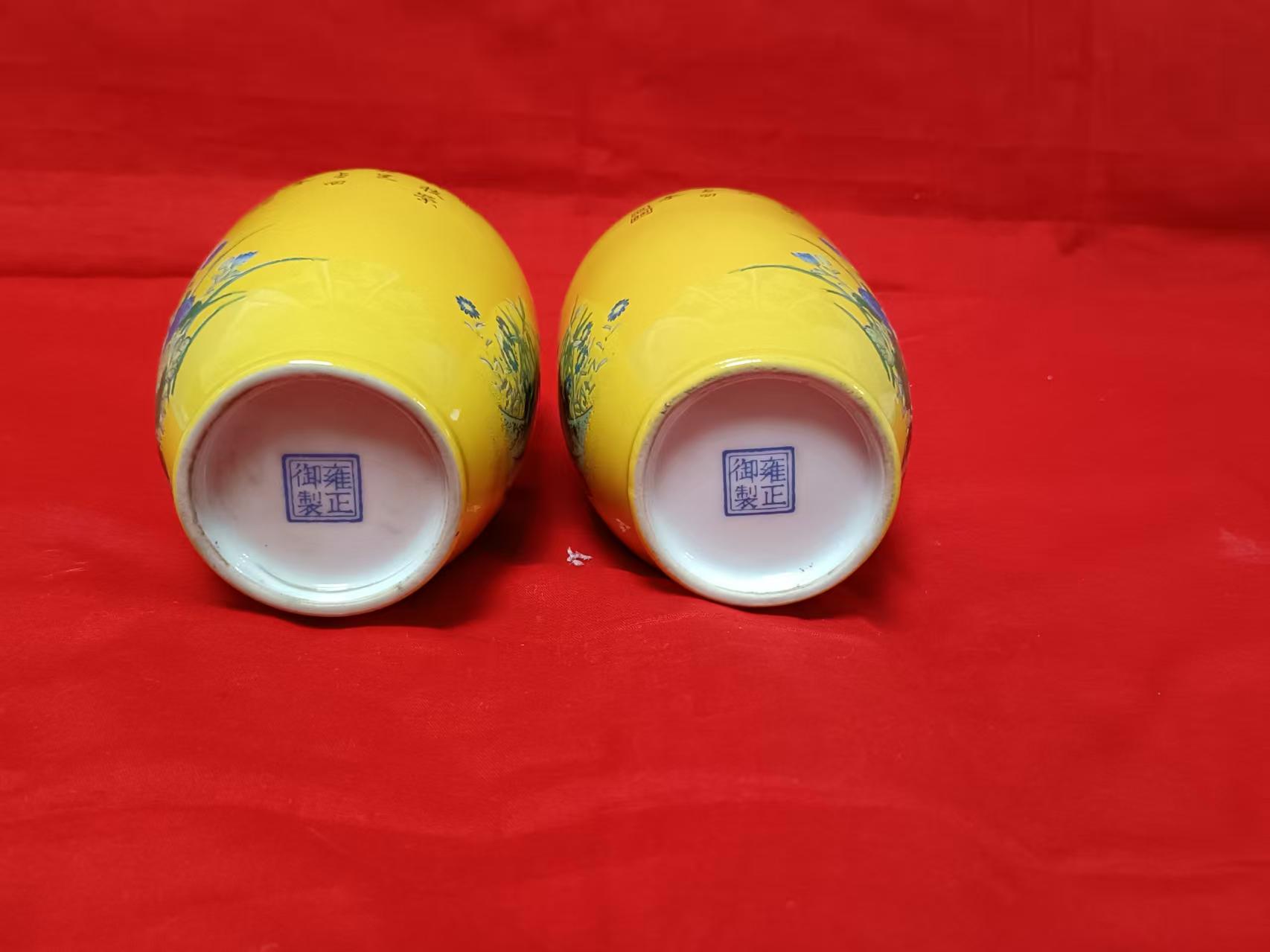 雍正年制《珐琅彩黄釉地花鸟纹瓶》一对