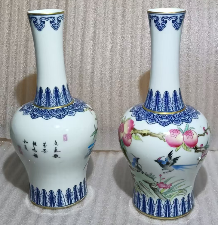 乾隆年制《粉彩青花花鸟对瓶》-嘉城艺术交易平台