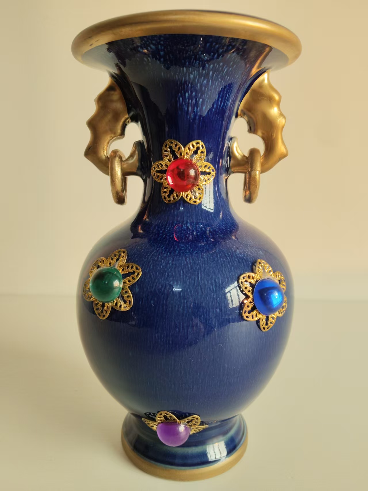 神瑞唐《蓝釉嵌宝双耳赏瓶》-嘉城艺术交易平台