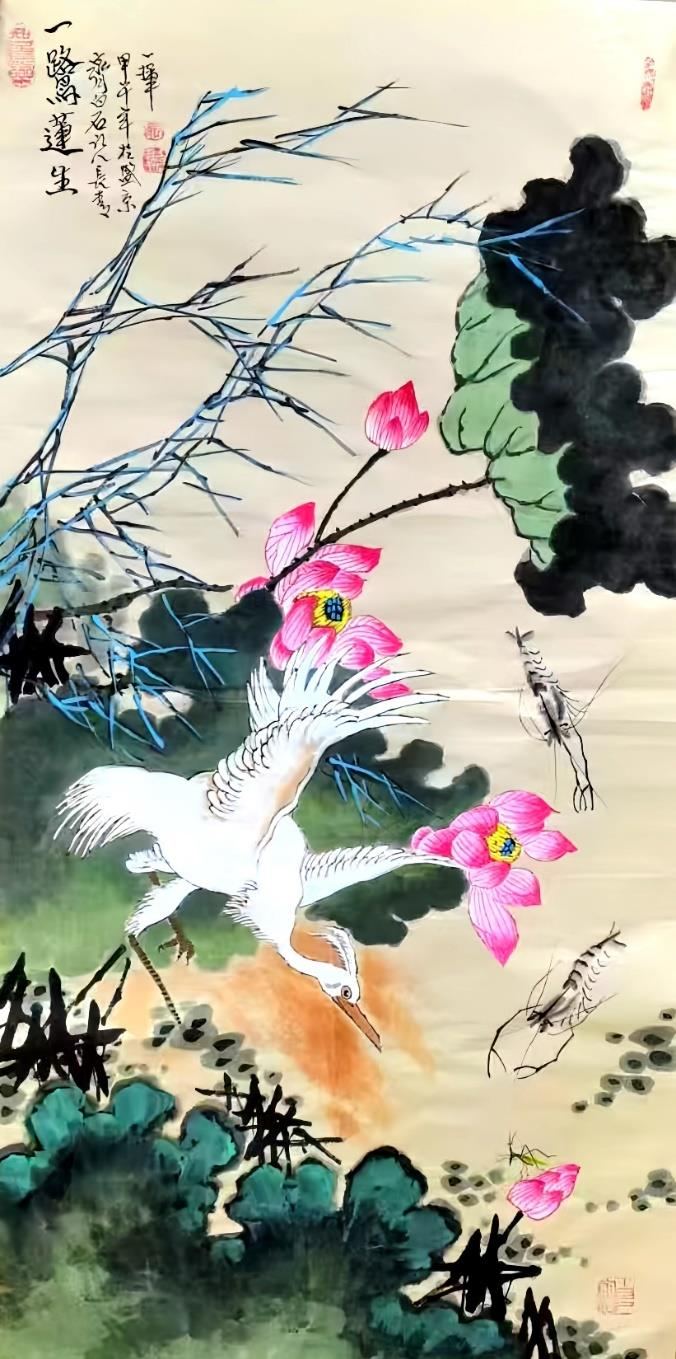 董长青《一鹭莲升》-嘉城艺术交易平台