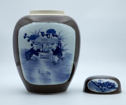 酱釉青花人物盖罐-嘉城艺术交易平台