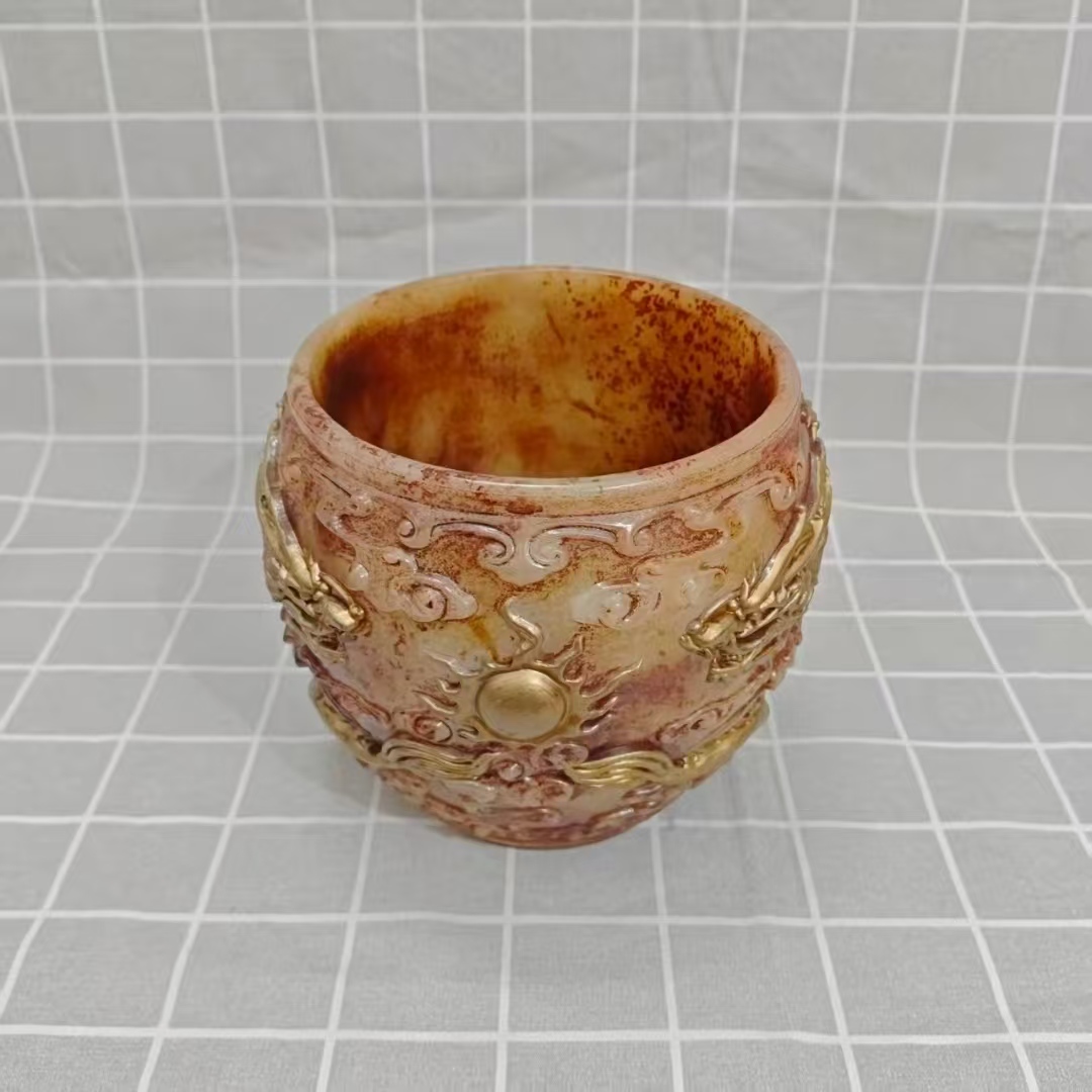 岫玉《描金浮雕云龙聚宝盆》-嘉城艺术交易平台