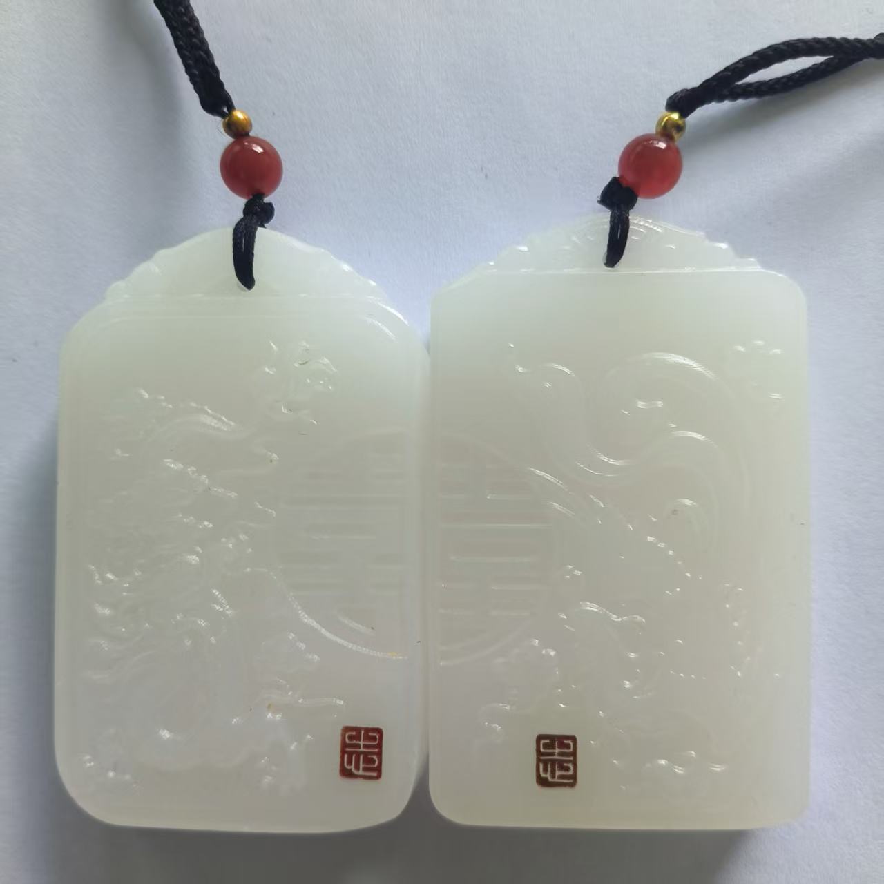 和田羊脂白玉《喜字牌》一对-嘉城艺术交易平台