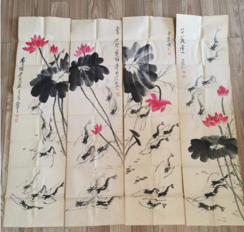 齐白石《荷香虾趣图》四条屏-嘉城艺术交易平台