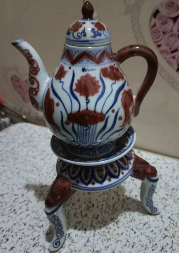 宣德年制《青花釉里红鱼藻纹梨形壶》（带三足承盘）-嘉城艺术交易平台