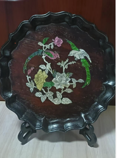 檀香紫檀（小叶紫檀）大茶盘海棠镶嵌《鸟语花香》-嘉城艺术交易平台