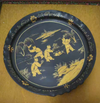 宋代奉华款《乌金釉描金婴戏图花口盘》-嘉城艺术交易平台