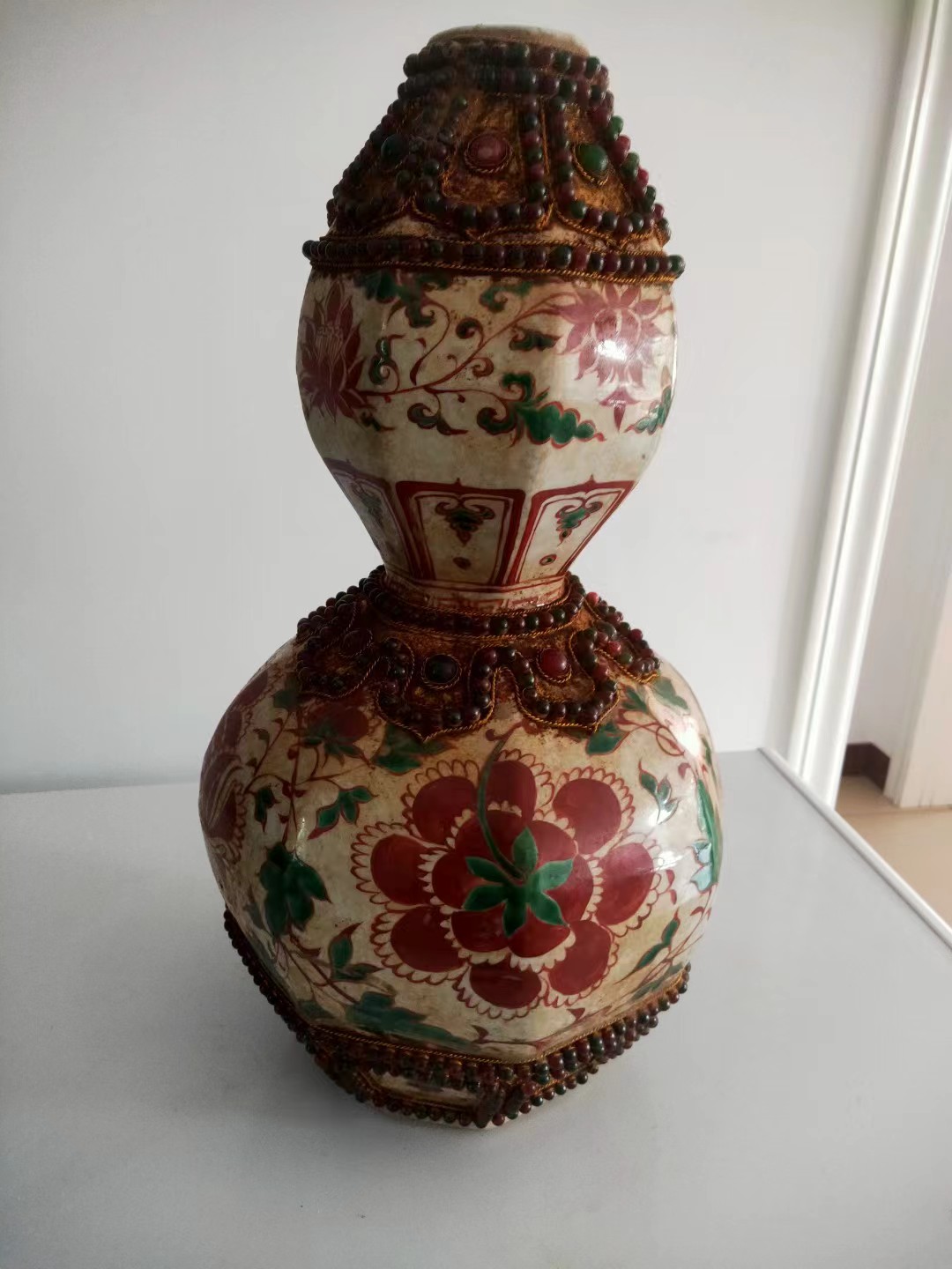 五彩镶宝八棱葫芦瓶-嘉城艺术交易平台