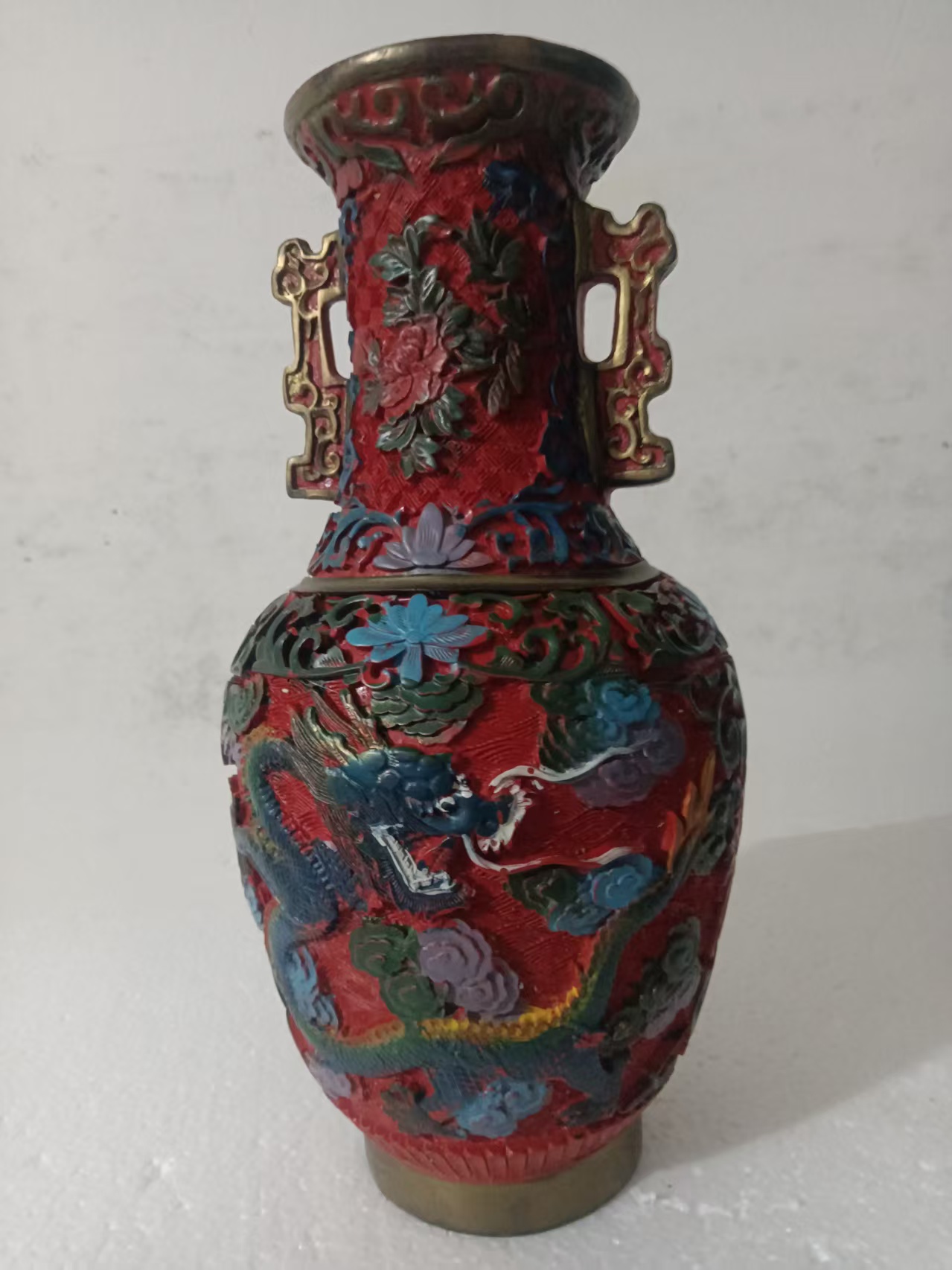 剔红描彩（彩绘）龙纹双耳瓶-嘉城艺术交易平台