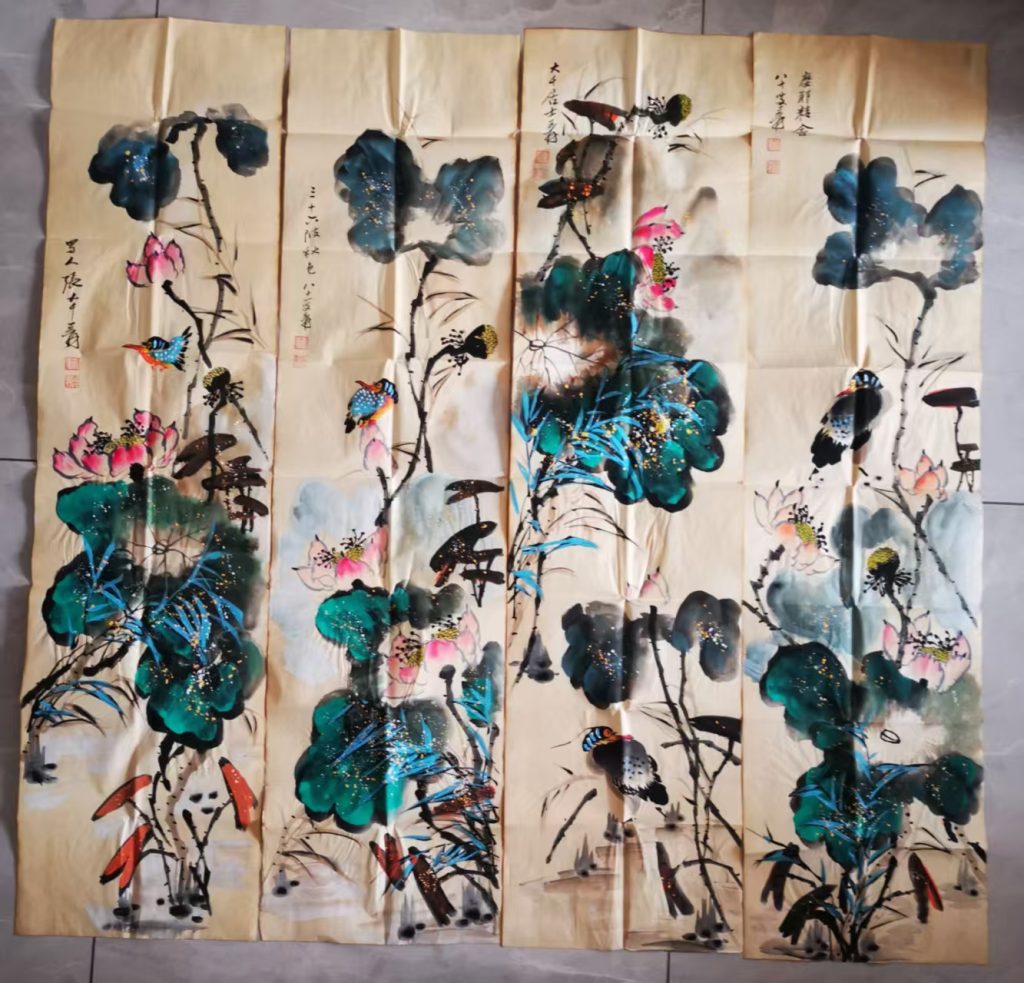 图片[1]-张大千《荷塘清趣》四条屏-嘉城艺术交易平台