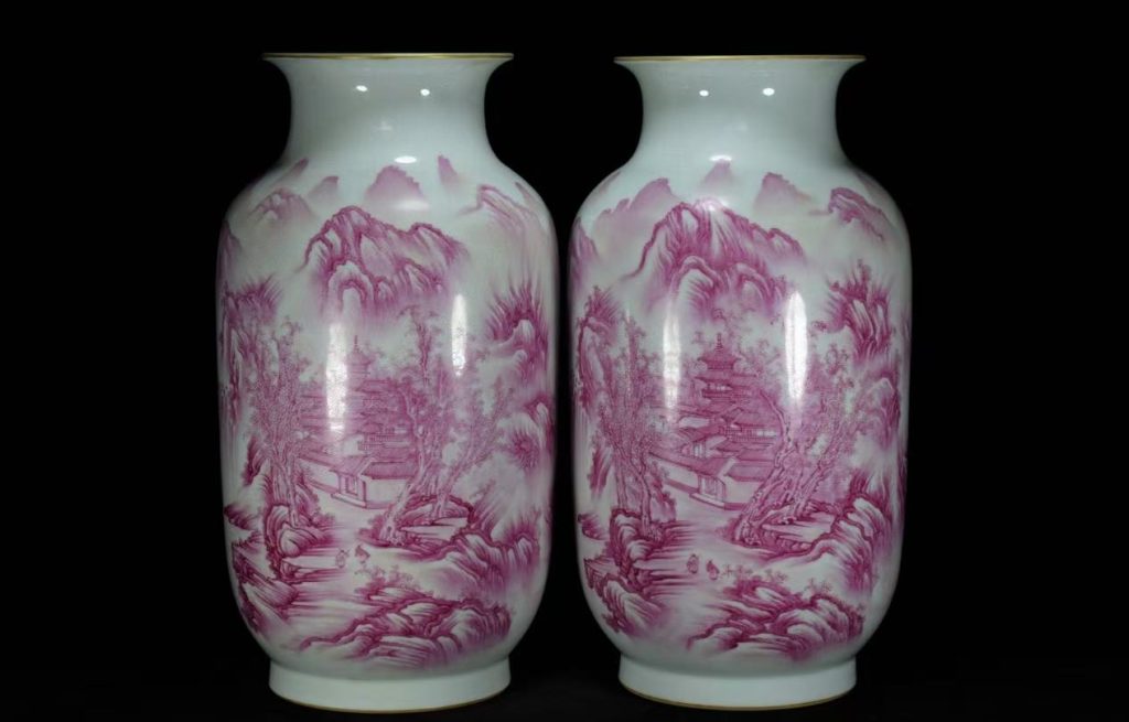 图片[1]-乾隆年制《胭脂红釉鎏金山水瓶》一对-嘉城艺术交易平台