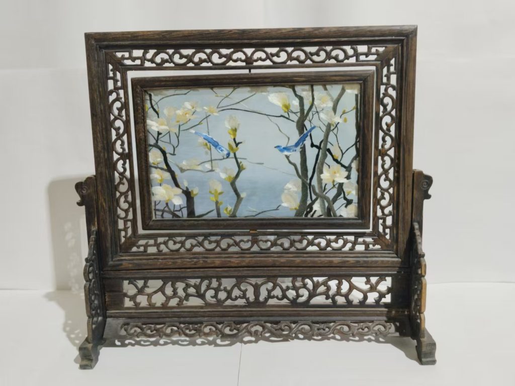 图片[1]-红木《苏绣喜上眉梢插屏》-嘉城艺术交易平台