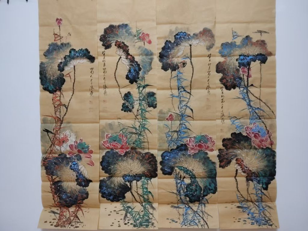 图片[1]-张大千《荷香清韵》四条屏-嘉城艺术交易平台