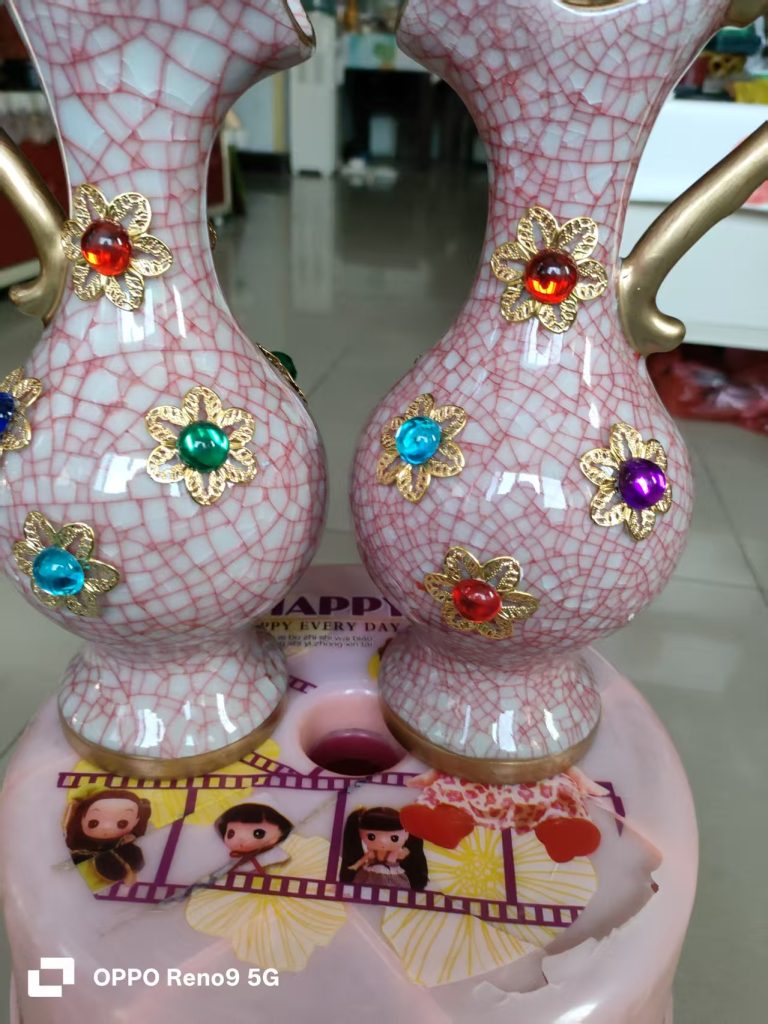 图片[1]-窑变釉嵌宝荷花口双耳瓶（一对）-嘉城艺术交易平台