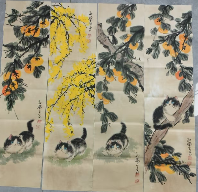 图片[1]-孙菊生《猫趣图》十二条屏-嘉城艺术交易平台