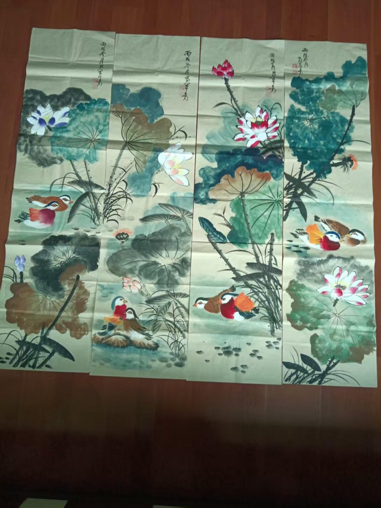 图片[1]-张大千《荷花鸳鸯图》四条屏-嘉城艺术交易平台