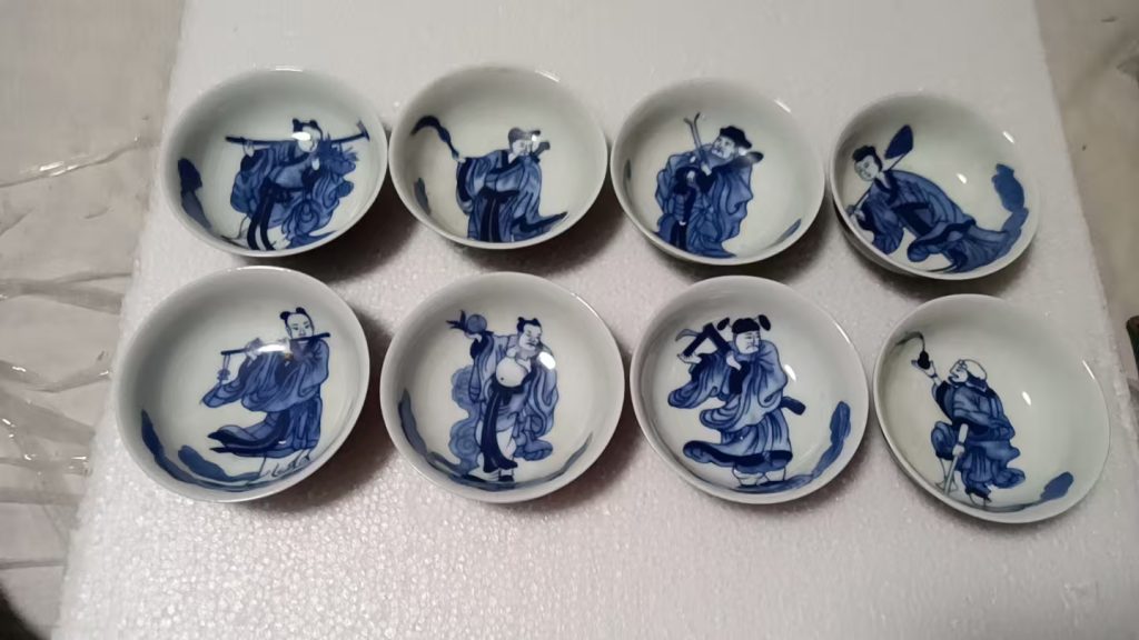 图片[1]-清代《茄皮紫釉内青花八仙人物纹碗》（八件一套）-嘉城艺术交易平台
