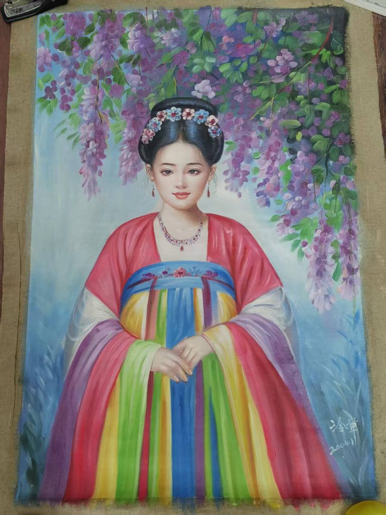 图片[1]-冷军《紫藤美女》油画-嘉城艺术交易平台