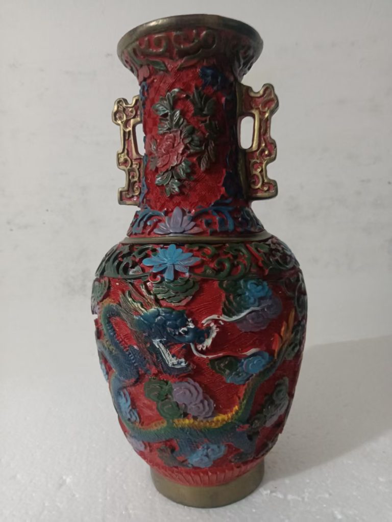 图片[1]-剔红描彩（彩绘）龙纹双耳瓶-嘉城艺术交易平台