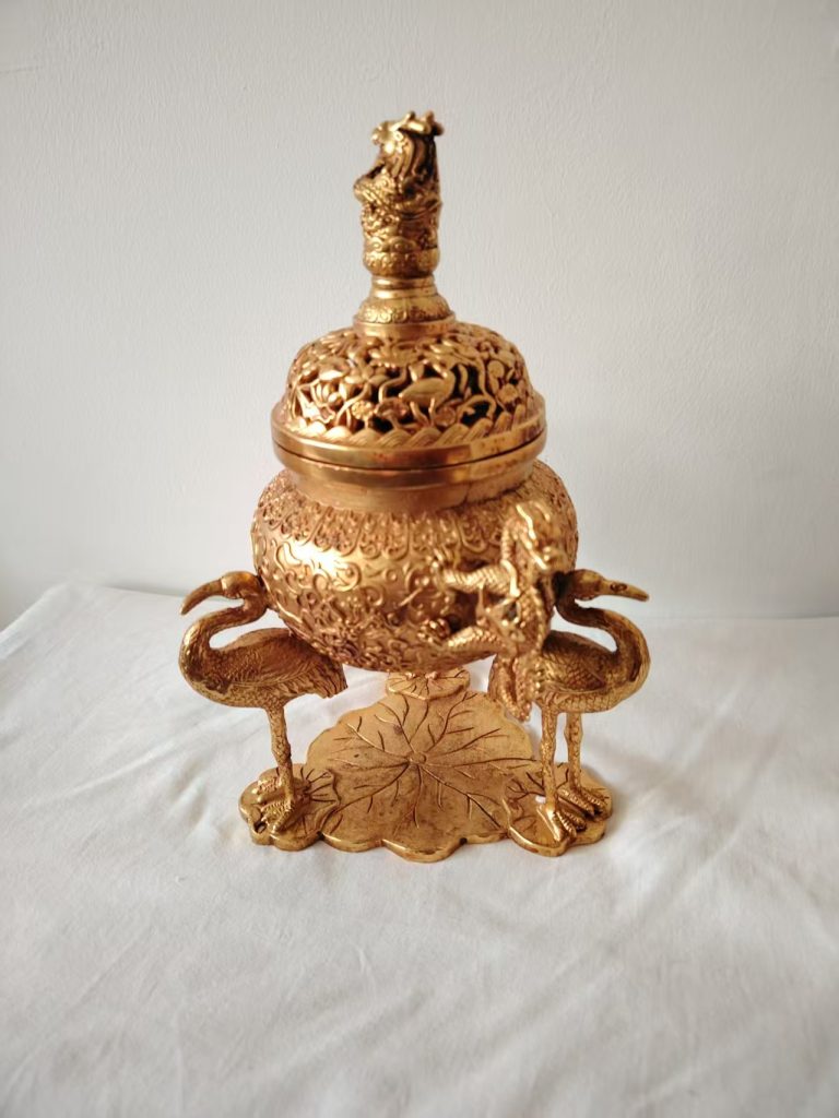 图片[1]-铜鎏金鹤足龙钮香薰炉-嘉城艺术交易平台