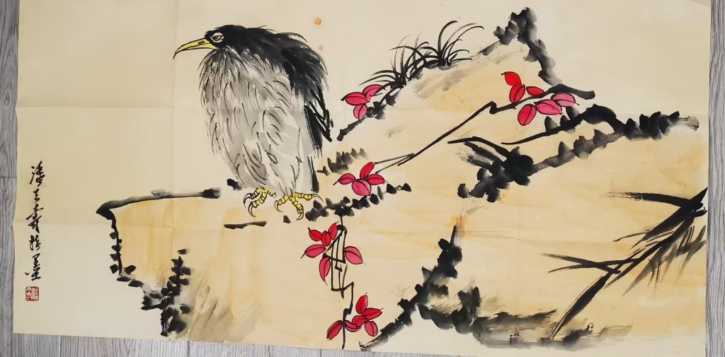 图片[1]-潘天寿《鹰石红叶图》-嘉城艺术交易平台