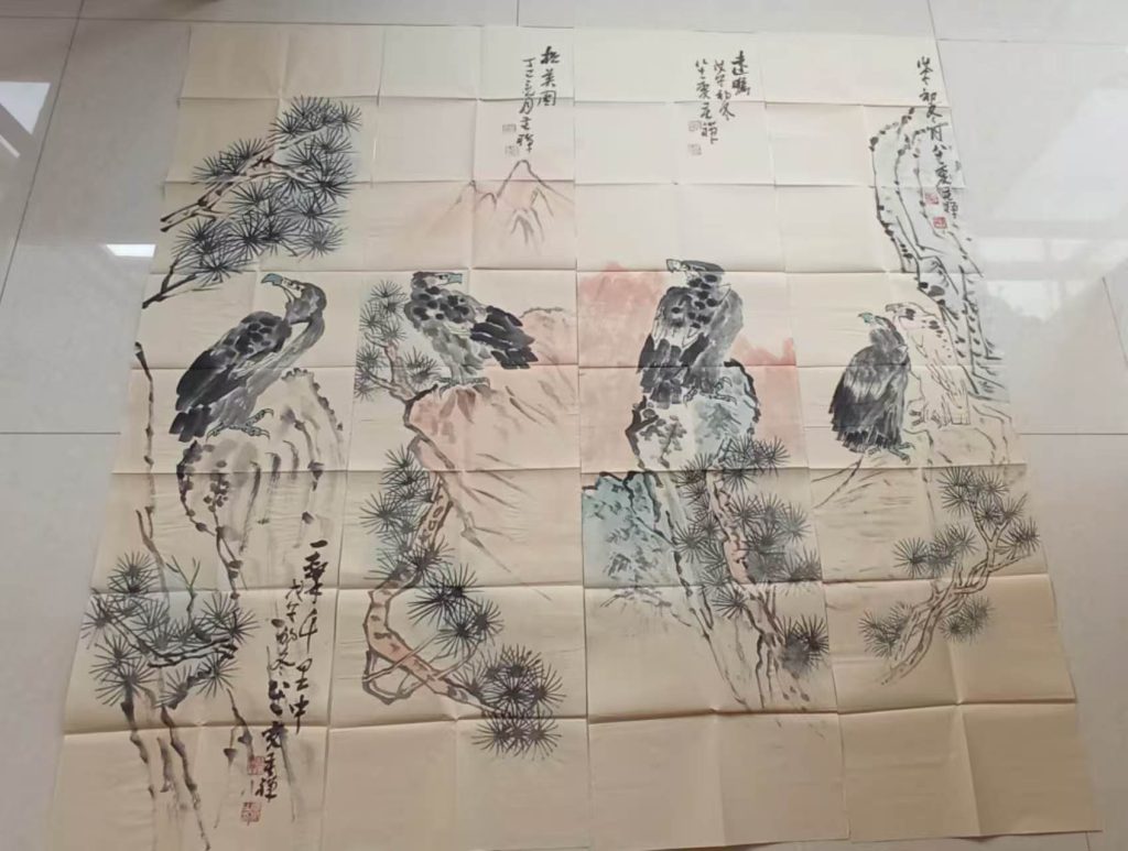 图片[1]-李苦禅《松鹰图》四条屏-嘉城艺术交易平台